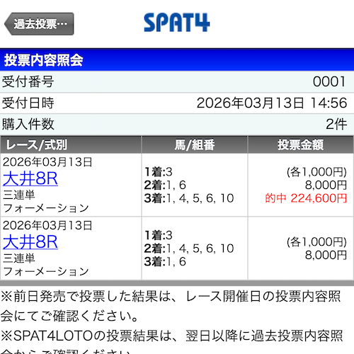 プレミアムプラス的中実績 20260313